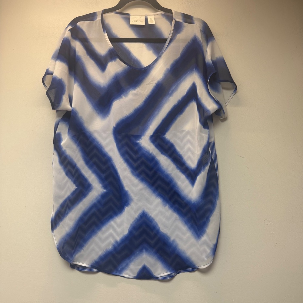 Chico's Tunic Top Women Size 0 Blue White Excellent Sheer Abstract Chevron Boho